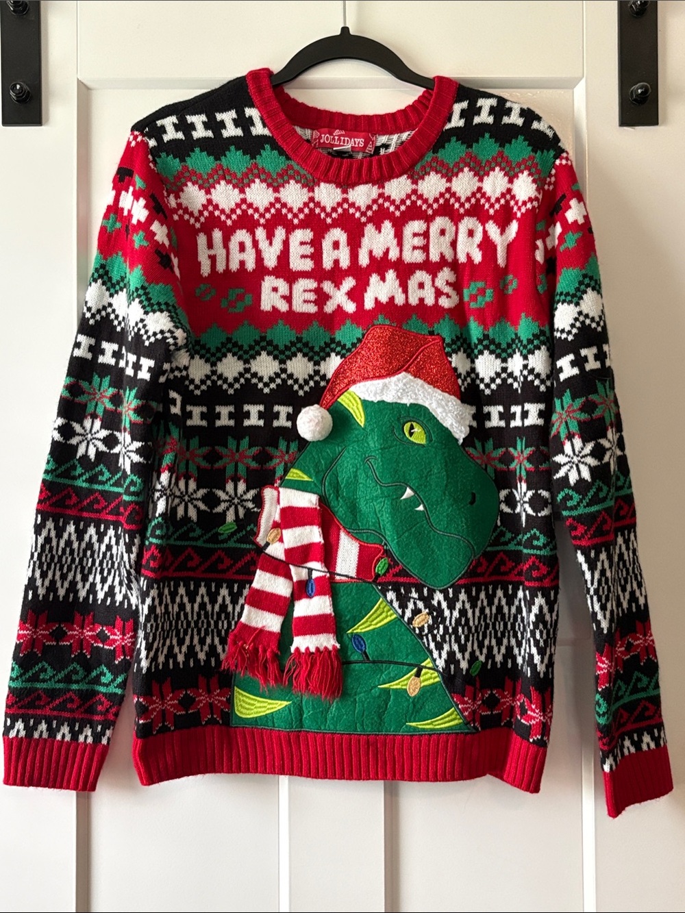 Men's Holiday Crewneck Sweater - Red, Green & Black Dino Design